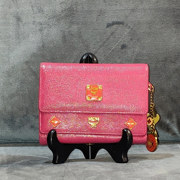 MCM Pink Short Studded Leather Charm Trifold Wallet - Picture 1 of 15